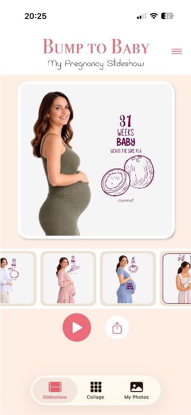 Bump to Baby app showing a 31-week bump slideshow