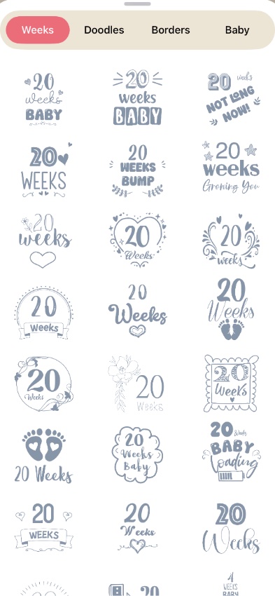 Weeks sticker pack — week counts and fruit-size milestones